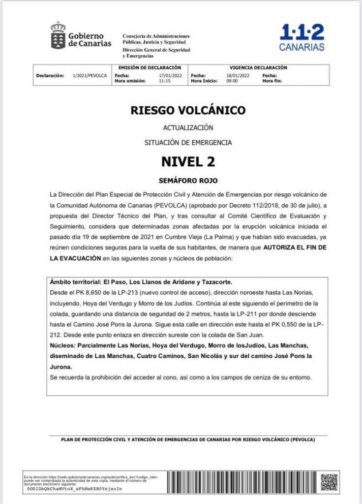 112 informa de la autorización del Pevolca del fin de la erupción