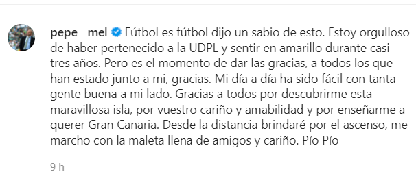 Pepe Mel se despide de la afición de la UD Las Palmas a través de su perfil de instagram