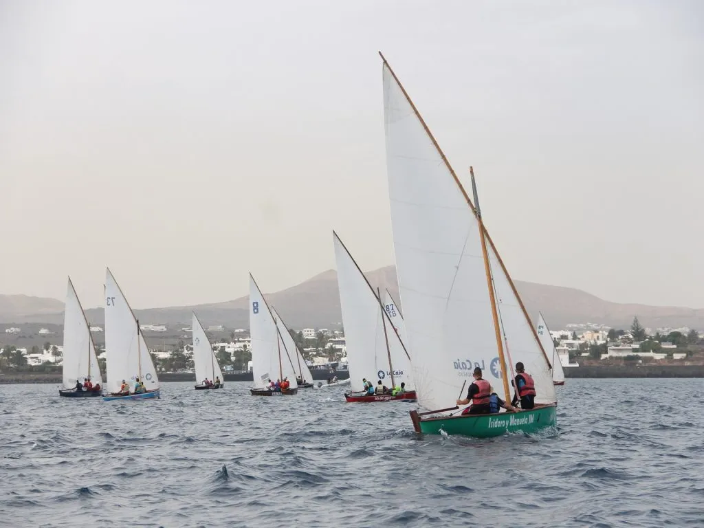 Flota de barquillos canarios compitiendo en una regata de vela latina