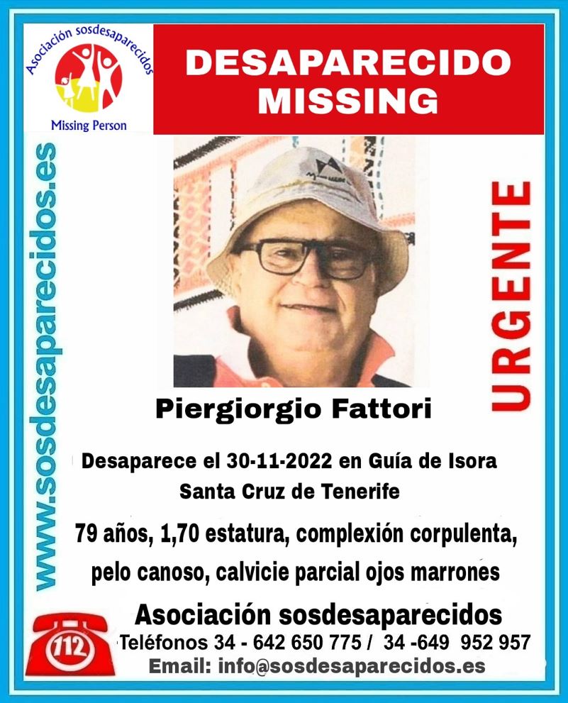 Alerta de búsqueda tras la desaparición de Piergiorgio Fattori en Guía de Isora, Santa Cruz de Tenerife