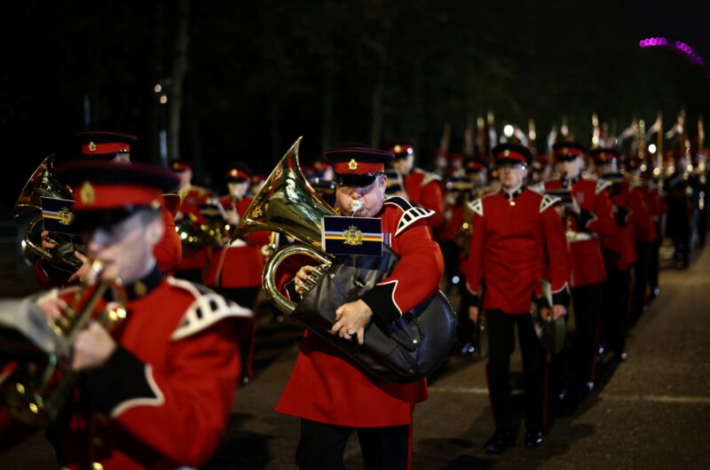 La banda de música militar también ha participado en los ensayos previos a la coronación. Londres, Gran Bretaña, 3 de mayo 2023. Reuters / Henry Nicholls