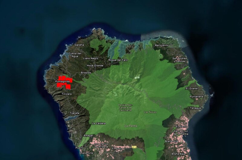 Captura de la imagen que detectan los satélites de los puntos calientes en la isla de La Palma / Nasa 
