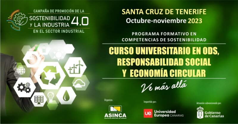 Cartel del curso que organizan Industria y ASINCA sobre la sostenibilidad de las industrias en Canarias