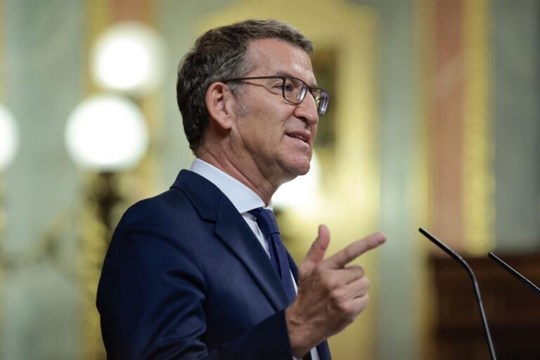 El presidente del PP y candidato a la presidencia del Gobierno, Alberto Núñez Feijóo, durante su intervención en la primera sesión del debate de su investidura este martes en el Congreso. EFE/ Sergio Pérez