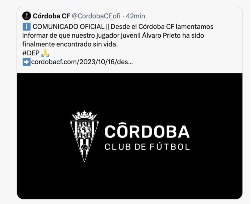 El Córdoba Club de Fútbol ha comunicado la muerte del jugador Álvaro Prieto / Twitter