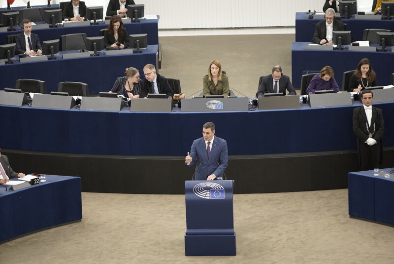 El presidente del Gobierno, Pedro Sánchez, comparece ante el Parlamento Europeo. Imagen Álex Flores / Europa Press