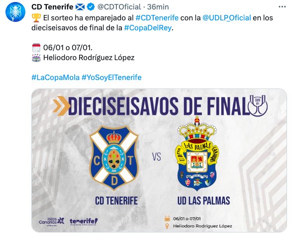 Publicación del CD Tenerife del derbi canario en la Copa del Rey frente a la UD Las Palmas