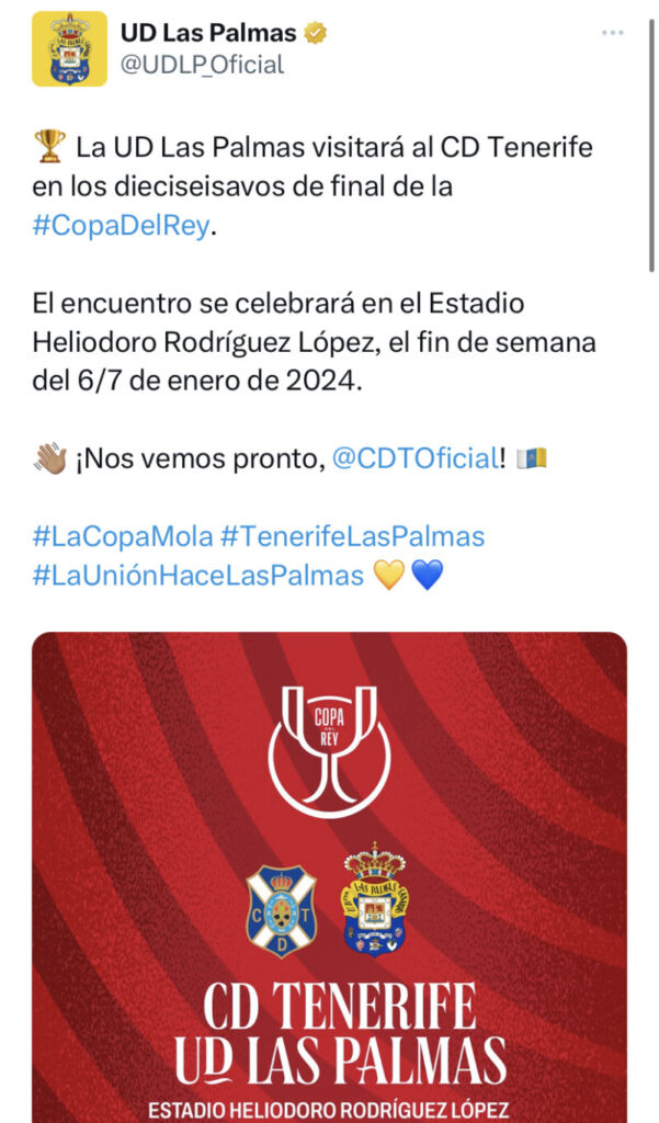 imagen de twitter de la UD Las Palmas anunciando el Derbi Canario frente al CD Tenerife en la Copa del Rey 