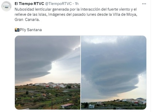Imagen twitter de El Tiempo RTVC con imágenes de nubes lenticulares