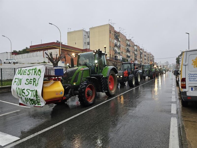 Los agricultores con sus tractores a su paso este viernes por la localidad sevillana de Castilleja de la Cuesta. Imagen EFE