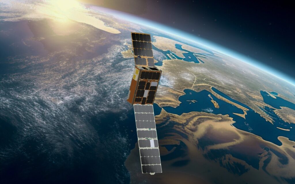 Representación artística del satélite ALISIO-1 en el espacio. Crédito: IACTEC-Espacio