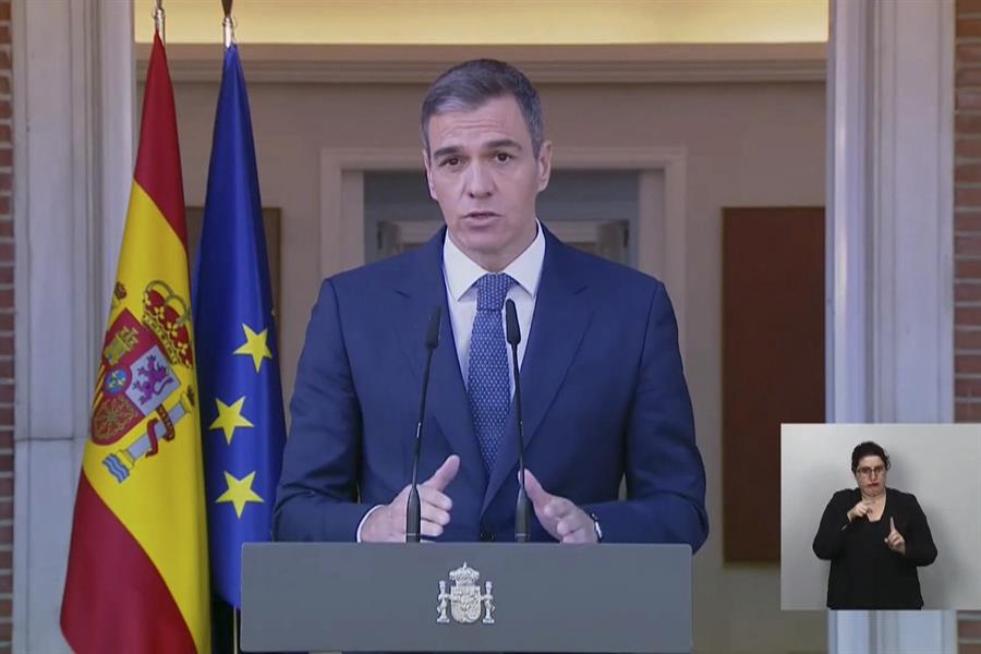 Pedro Sánchez, presidente del Gobierno, durante la declaración institucional donde ha anunciado que España reconoce el Estado de Palestina. Imagen EFE