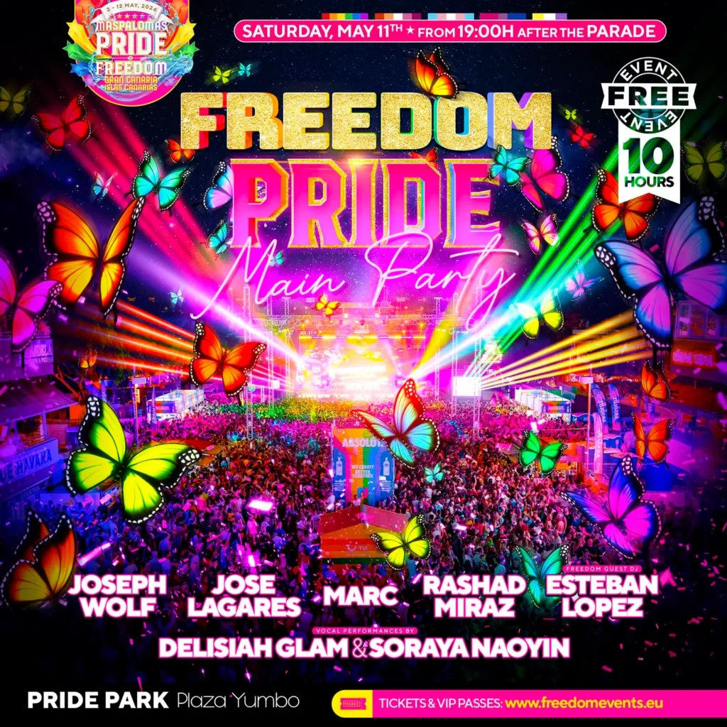 Cartel del desfile de carrozas de Maspalomas Pride By Freedom, que se celebra este sábado 11 de mayo