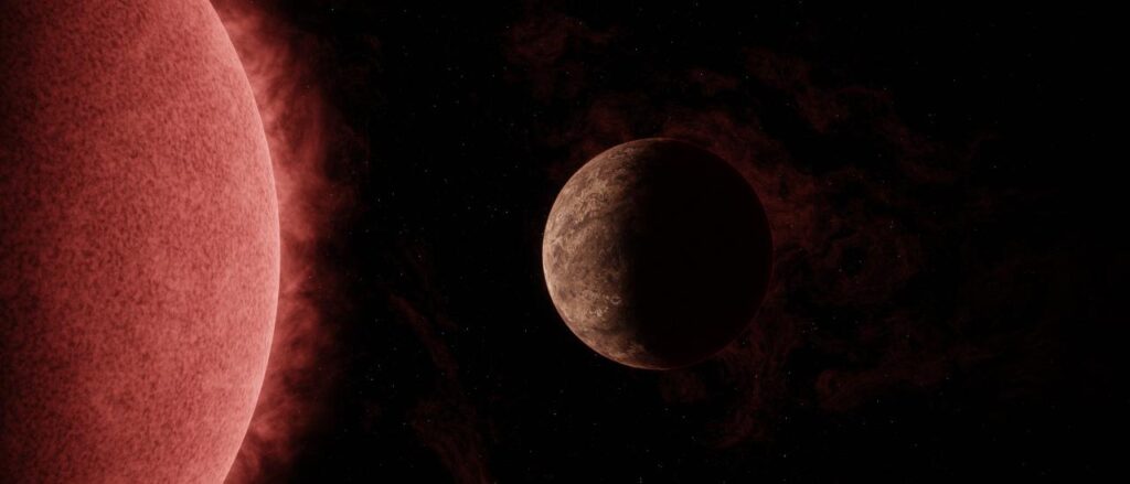 Representación artística del exoplaneta SPECULOOS-3 b en órbita alrededor de su estrella enana roja. El planeta es tan grande como la Tierra, mientras que su estrella es ligeramente mayor que Júpiter, pero mucho más masiva. Imagen: NASA/JPL-Caltech