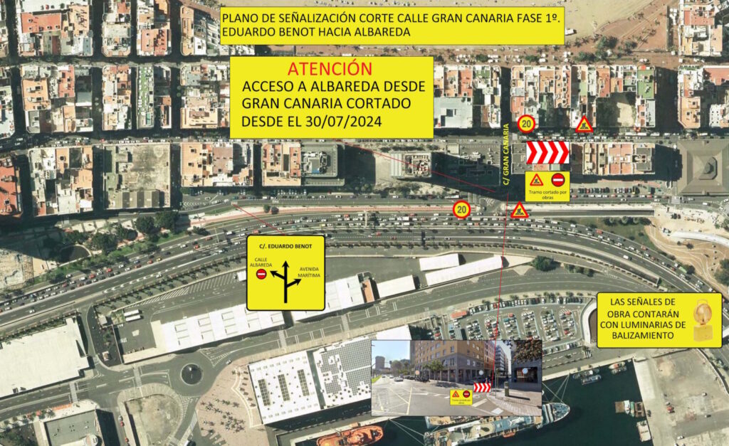  El Ayuntamiento de Las Palmas de Gran Canaria sigue avanzando en el tramo 8 de la Metroguagua y procederá, a partir del próximo martes, 30 de julio, al corte del acceso a la calle Albareda desde Eduardo Benot por el carril de la calle Gran Canaria.
Este cierre no afectará a la salida de La Isleta por la calle Gran Canaria, cuyo carril quedará abierto en sentido hacia la Avenida Marítima (GC-1). Asimismo, se procederá a mejorar la frecuencia semafórica con el fin de dar prioridad al tráfico de la calle Albareda y disminuir, de esta forma, el impacto de los cortes programados.
El cierre del carril de la calle Gran Canaria en sentido Albareda se realiza para iniciar el proceso de acopio de material para el tramo 8 del servicio de transporte público urbano rápido y de alta capacidad. Sin embargo, los trabajos desarrollados por la Concejalía de Planificación, Desarrollo Urbano y Vivienda no comenzarán hasta que finalicen las obras de renovación y mejora en la red de saneamiento de aguas de la calle Juan Manuel Durán.
Esta última actuación, que se está realizando en periodo estival para minimizar las molestias a la ciudadanía, se ha agilizado de manera notable y se espera que esté culminada a finales de la próxima semana. Esta fecha supone más de diez días antes de la previsión inicial gracias al trabajo coordinado desarrollado entre el Ayuntamiento y Emalsa.
Aperturas
Los trabajos en el tramo 8 de la Metroguagua avanzan y ya el pasado miércoles se retomó la circulación en el carril para Guaguas Municipales entre el túnel de la calle Pérez Muñoz y la terminal de Manuel Becerra.
Así, las líneas 1, 2, 12, 24, 33, 47, X47 y L1, a partir de la calle Agustín Millares Sal, seguirán por la rodonal del Castillo de La Luz. En este punto se ubicará una parada provisional, antes de finalizar el trayecto en la Plaza Manuel Becerra, y se suprimirá la que se había habilitado de forma temporal en la calle La Naval.