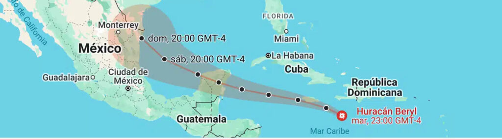 Zona afectada y evolución del huracán Beryl, según la Oficina Nacional de Administración Oceánica y Atmosférica