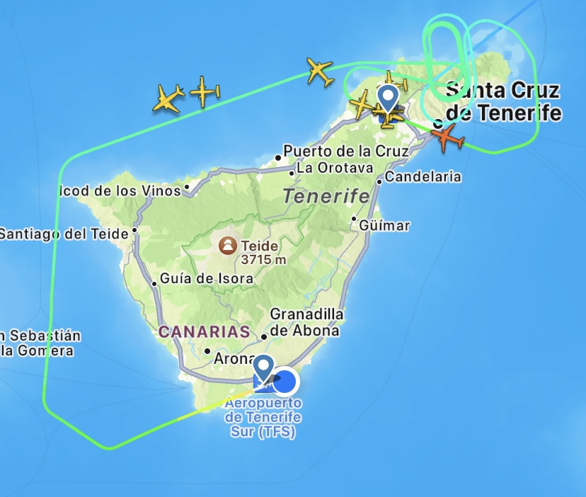 Desvío del vuelo procedente de Sevilla a Tenerife Sur con la trayectoria recogida por FlightRadar 