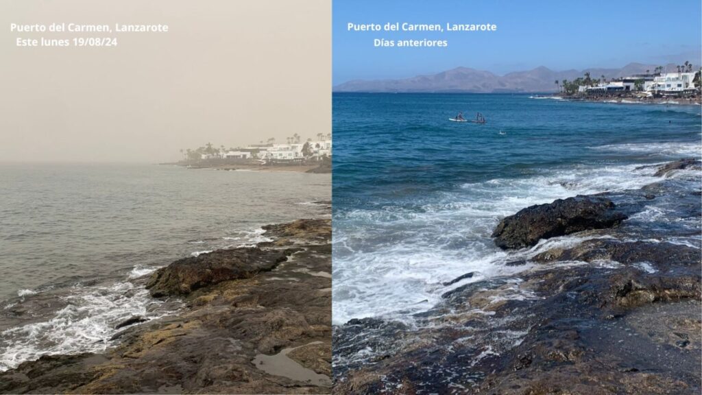 Lunes de altas temperaturas y posibles tormentas de verano en Canarias 

Imagen Comparativa de la calima en Puerto del Carmen, Lanzarote. 