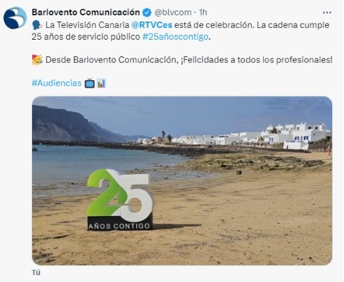 Felicitación de Barlovento Comunicación en "X" por el 25 aniversario de Televisión Canaria 