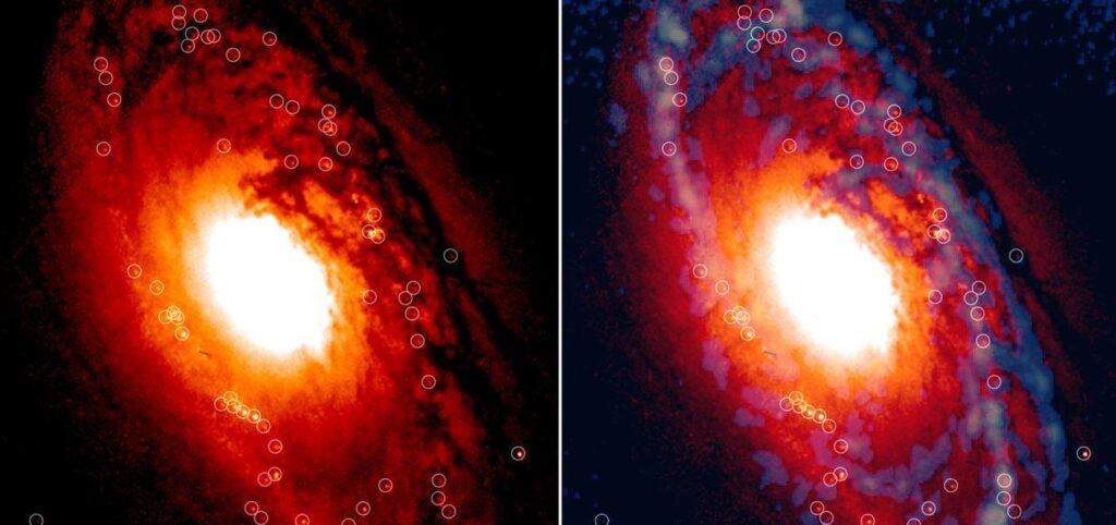 Las dos imágenes muestran la región central de la galaxia anciana NGC 1386