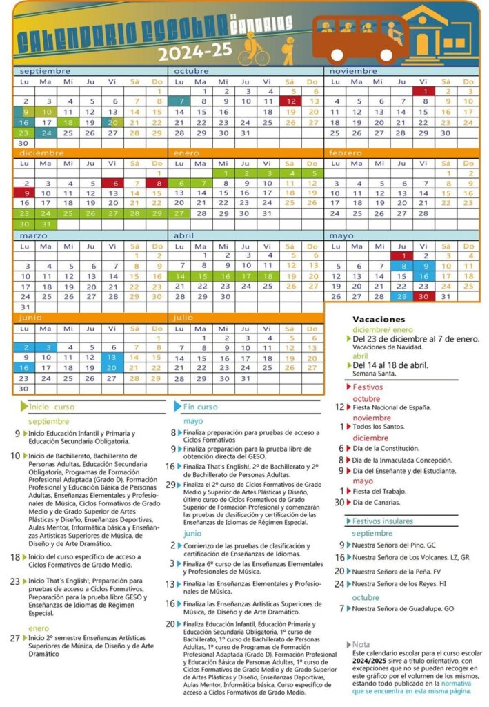 Calendario completo del curso escolar en Canarias 2024-2025