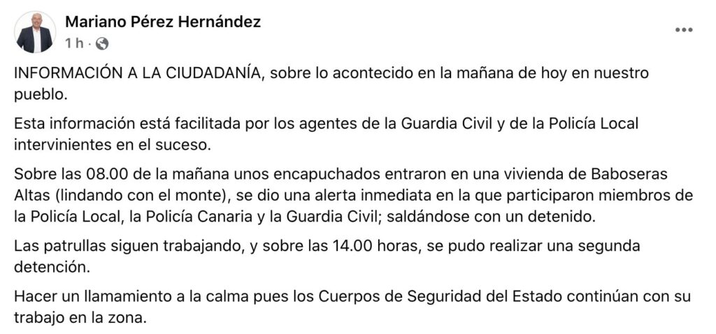 Mensaje alcalde El Sauzal por suceso ocurrido el 30 septiembre 2024