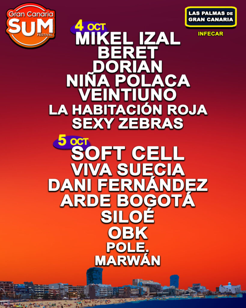 Cartel del SUM Festival que se celebrará en Infecar en Las Palmas de Gran Canaria con artistas como Mikel Izal, Beret, Dorian, Viva Suecia o Marwán entre otros