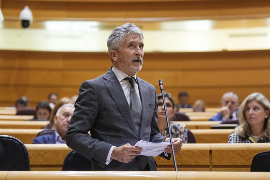 El ministro de Interior, Fernando Grande-Marlaska, interviene durante la sesión de control al Gobierno en el Pleno del Senado celebrada este martes, en Madrid. EFE/ Borja Sánchez-Trillo