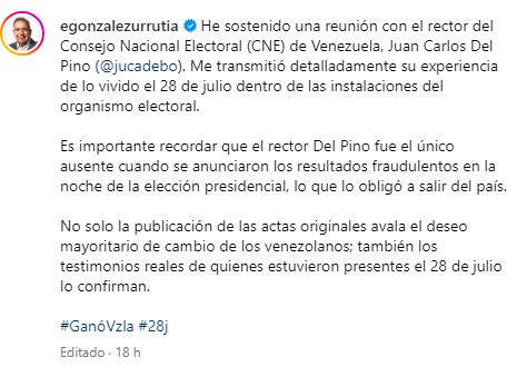 Mensaje de Edmundo González en su cuenta de Instagram