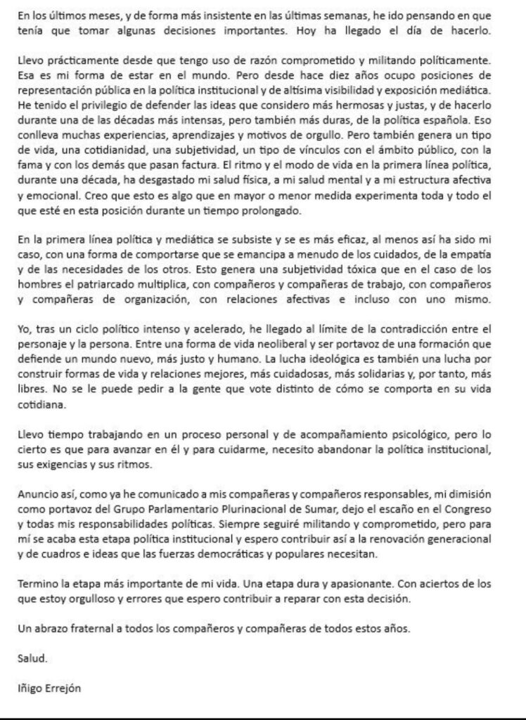 Carta en la que Íñigo Errejón anuncia su dimisión como portavoz de Sumar en el Congreso de los Diputados y deja su acta en el Congreso de los Diputados 