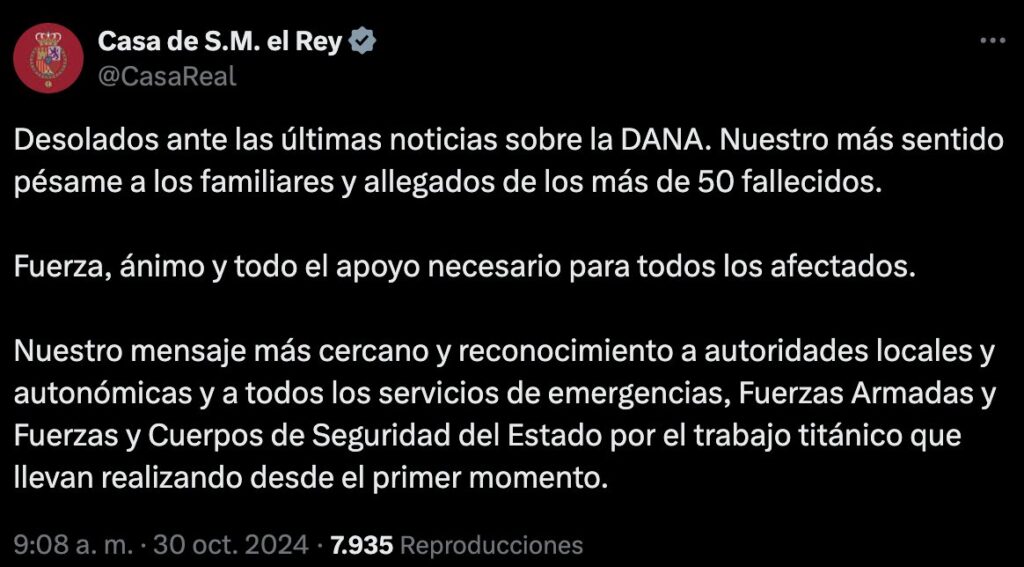 Comunicado de la Casa Real en X por las consecuencias del paso de la Dana 