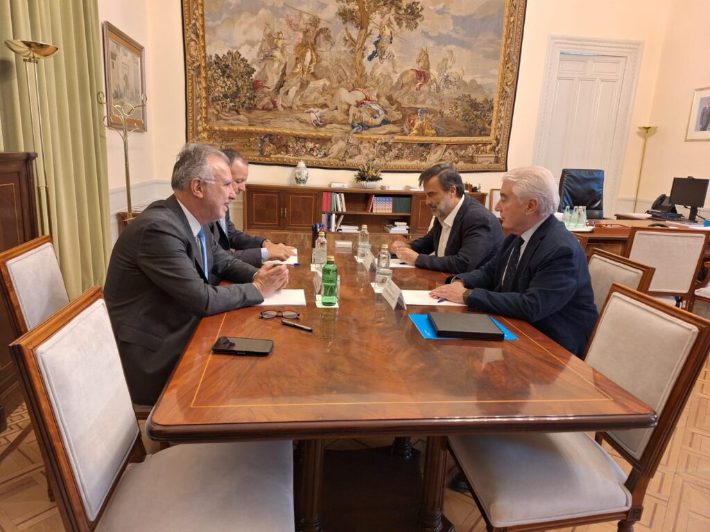 Momento del encuentro entre el ministro Ángel Víctor Torres y el presidente de UNICEF España, Gustavo Suárez Pertierra.