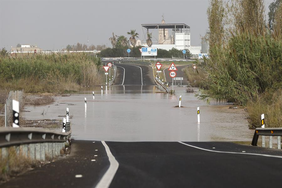 Vista general la salida de la A-38 en Sollana cortada por el agua a causa de las lluvias torrenciales de las últimas horas. EFE/Manuel Bruque