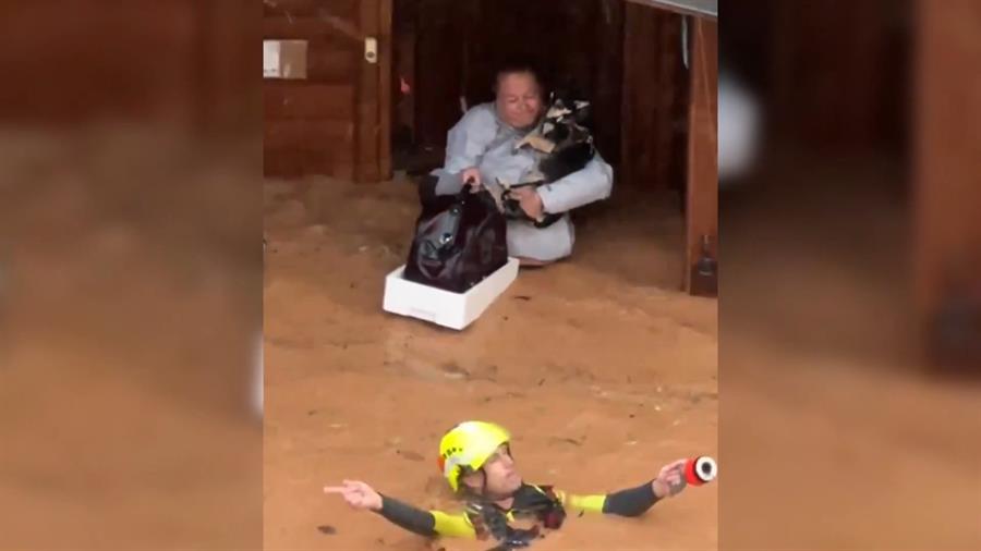 Captura de un video facilitado por la UME del rescate de una mujer con sus mascotas de su casa de madera en Utiel (Valencia) inundada por la dana. EFE/UME 