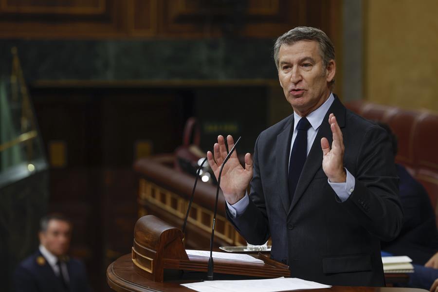 El líder del PP, Alberto Núñez Feijóo, en la réplica al presidente del Gobierno en el pleno del Congreso sobre la DANA. Imagen EFE