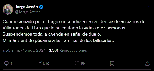 Mensaje de Jorge Azcón, presidente de Aragón en su cuenta oficial de X