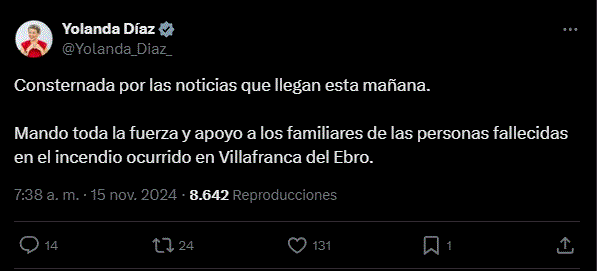 Mensaje de la Vicepresidenta del Gobierno de España, Yolanda Díaz en su cuenta oficial de X