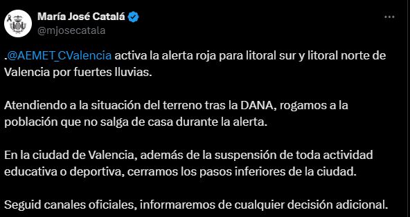 Mensaje de la alcaldesa de Valencia, María José Catalá en su cuenta oficial de X