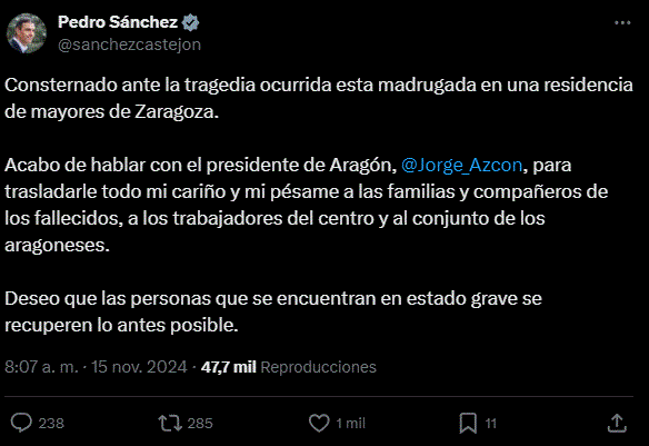 Mensaje del Presidente del Gobierno de España, Pedro Sánchez en su cuenta oficial de X