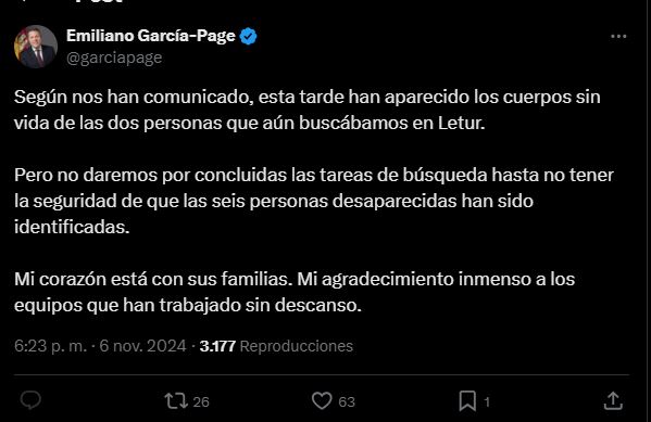 Mensaje del presidente de Castilla La Mancha, Emiliano García-Page/Cuenta oficial de X de García-Page