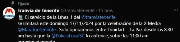 Mensaje del tranvía de Tenerife en su cuenta oficial de X