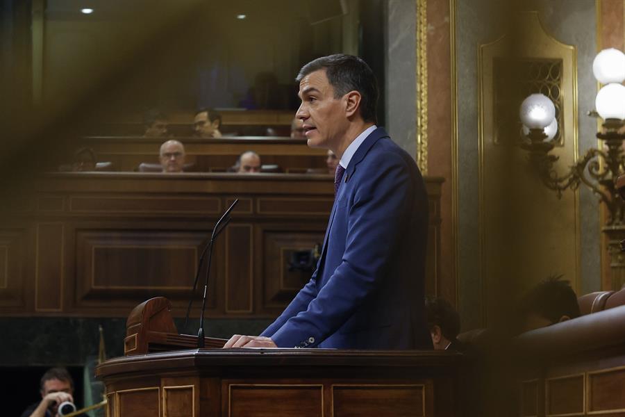 El presidente del Gobierno, Pedro Sánchez, durante su comparecencia este miércoles en el Congreso para informar de la gestión de la DANA. Imagen EFE 