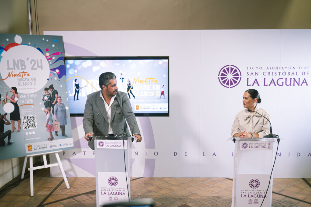 La Laguna celebra una vez más La Noche en Blanco. Presentación de la programación de la nueva edición de La Noche en Blanco en La Laguna, con el alcalde, Yeray Gutiérrez y la edil de Comercio, Estefanía Díaz/ Ayuntamiento de San Cristóbal de La Laguna.