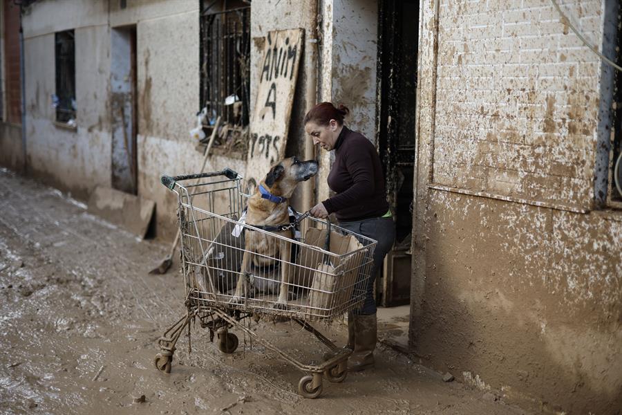 Una vecina y su perro en Paiporta, Valencia, este jueves. Los pueblos de Valencia asolados por la dana afrontan el noveno día después de la catástrofe sumidos en un goteo incesante de llegada tanto de ayuda humanitaria como profesional y de maquinaria pesada, para intentar recuperar infraestructuras, colegios, zonas industriales y vías de comunicación mientras continúa la búsqueda de desaparecidos. EFE/ Biel Aliño