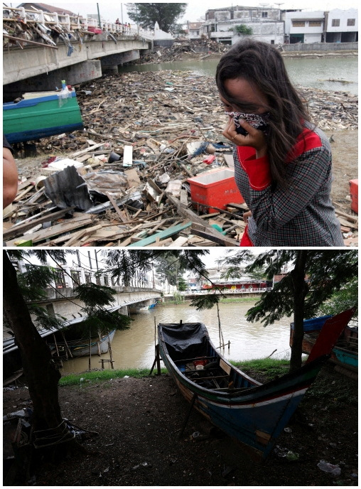 Una imagen combinada muestra a una mujer indonesia tapándose la nariz mientras pasa por un puente lleno de cadáveres y escombros, el 31 de diciembre de 2004 (arriba), y un barco de pescadores cerca del mismo puente, el 22 de diciembre de 2024 (abajo), en Banda. Aceh, Indonesia. REUTERS/Darren Whiteside/Willy Kurniawan