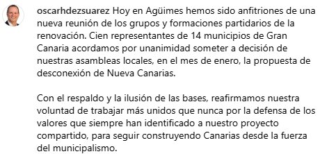 Mensaje del alcalde de Agüimes, Óscar Hernández en Instagram/Cuenta oficial