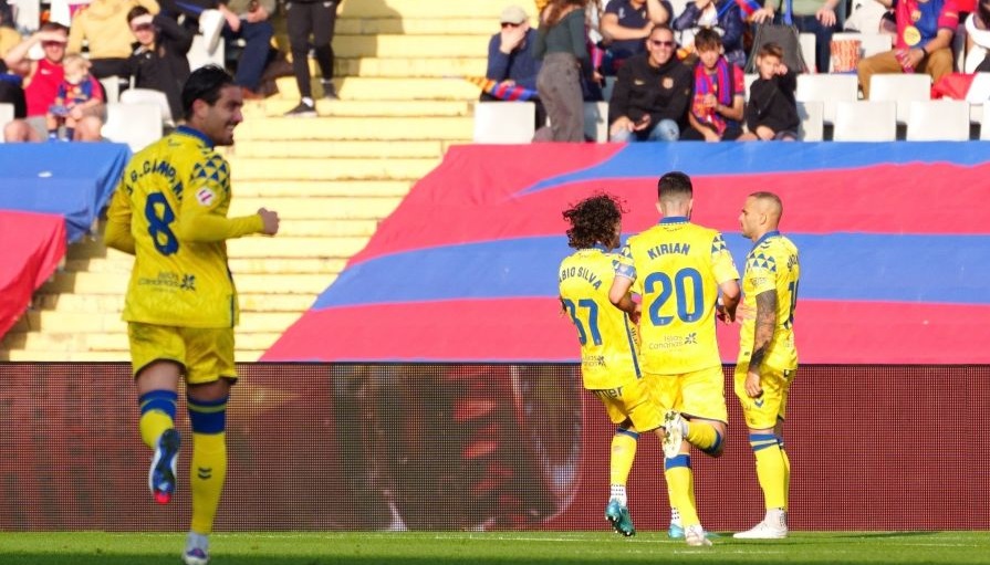 Jugadores de la UD Las Palmas celebran el primer gol ante el FC Barcelona el pasado fin de semana. Imagen LaLiga EA Sport