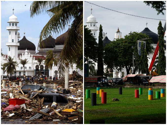 Una imagen combinada muestra los daños frente a la mezquita de Baiturrahman causados ​​por un tsunami, el 27 de diciembre de 2004 (izquierda), y un parque frente a la misma mezquita, el 22 de diciembre de 2024 (derecha), en Banda Aceh, Indonesia. REUTERS/Beawiharta/Willy Kurniawan