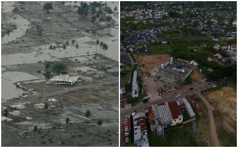 Una imagen aérea combinada muestra la mezquita Al Maghfirah Habib Chiek Kajhu en una zona afectada por el tsunami en las afueras de Banda Aceh, Indonesia, el 31 de diciembre de 2004 (izquierda), y la misma mezquita en reconstrucción el 22 de diciembre de 2024 (derecha). ). REUTERS/Kim Kyung Hoon/Willy Kurniawan