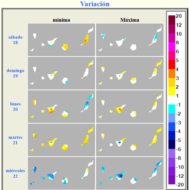 Descenso de temperaturas que según ha publicado la AEMET podría afectar a Canarias a partir del miércoles y podría dejar de nuevo la posibilidad de nieve en El Teide y en Roque de los Muchachos / AEMET 